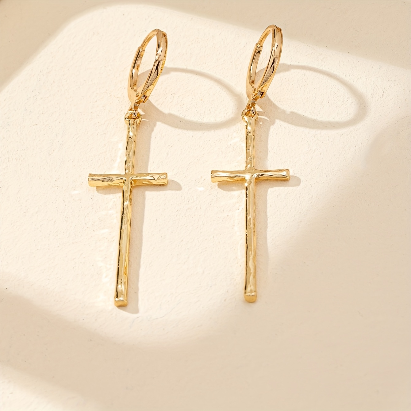 Golden Tone Cross Dangle Earrings - Hypoallergenic Iron