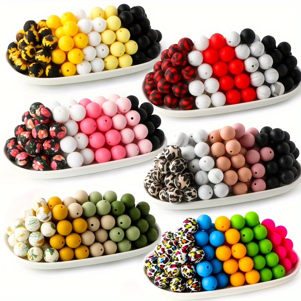 

50pcs 15mm Silicone Solid Colorful Flower Pattern Round Loose Beads For Jewelry Making Diy Special Fashion Key Bag Chain Pens Decors Bracelet Necklace Lanyards Beaded Craft Supplies