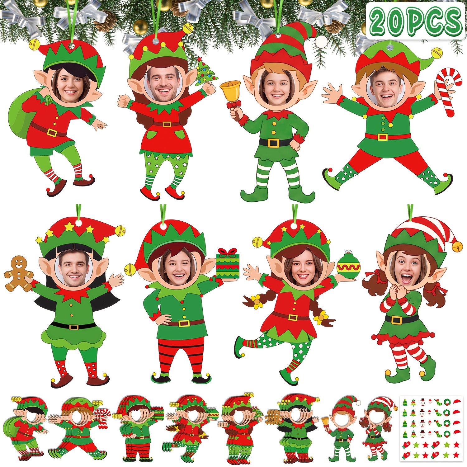 TEMU 20pcs Christmas Elf Wooden Picture Frame Ornaments- 8 Styles Xmas Photo Hanging Decorations, Festive Tree & Stocking Decor, Holiday Keepsakes-