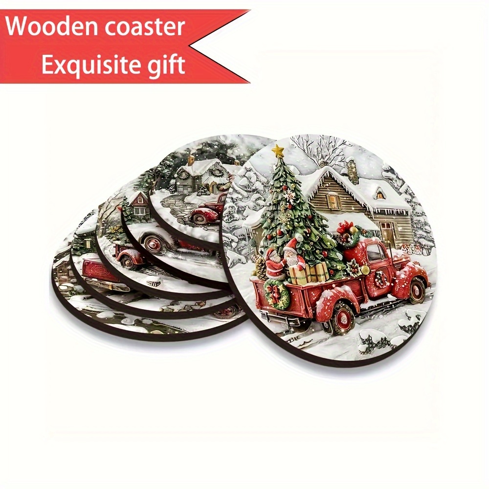 

6-pack Christmas Wooden Coasters With Santa, Red Trucks, And Trees - Holiday Drink Mats For Home Decor, Office, And Gift-