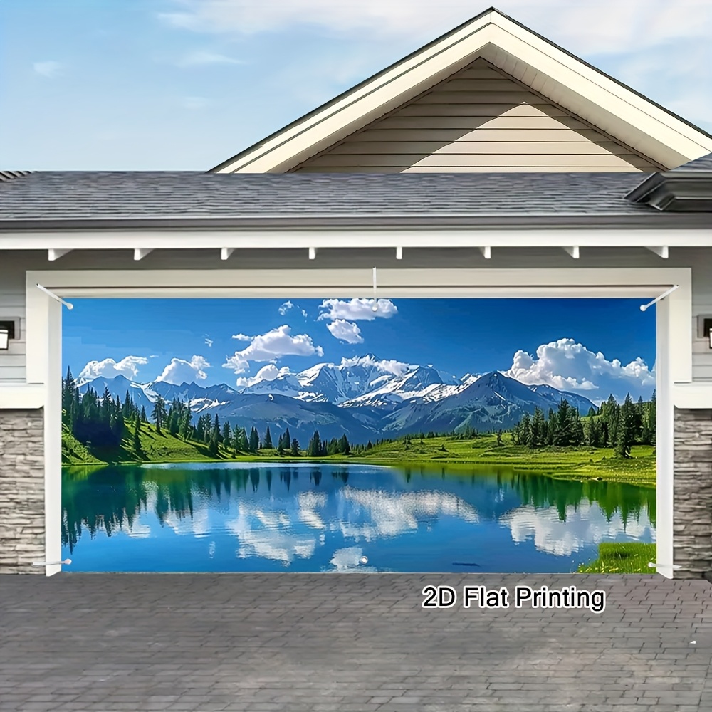 1pc Elegant Mountain and Lake Landscape Garage Door Cover - 2D Flat Printing, Easy to Hang Outdoor Banner for All Seasons, Festive Decor for Home, Garden, or Themed Events, Outdoor Decor