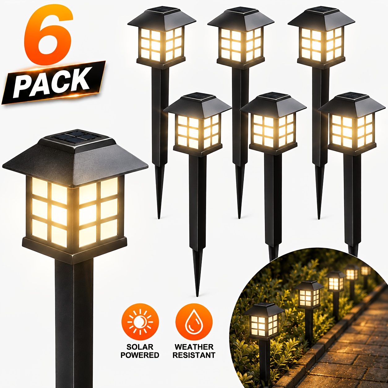 TEMU 12-6 Pack Solar Pathway Lights Outdoor, Vintage Warm White Led Garden Stake Lights, Ip44, Dusk-to-dawn Auto , Up To 12 Hours For Yard, Lawn,