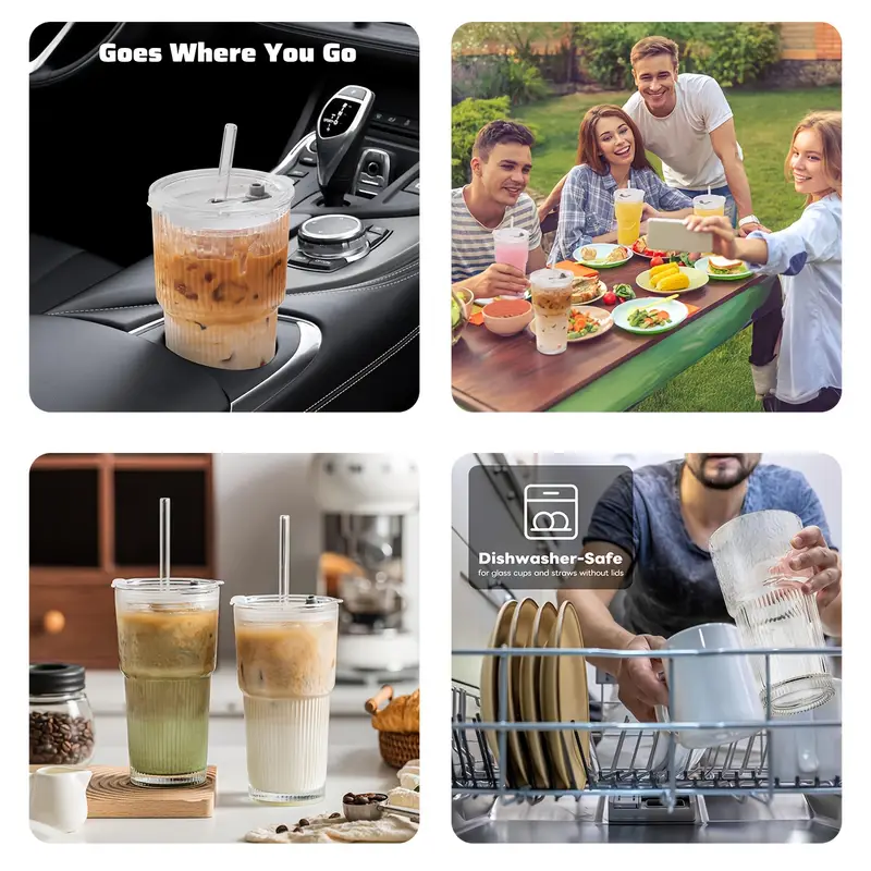 glasses with lid and straw 4 2pcs stylish ribbed design drinking cups for iced coffee cups juices smoothies cold drinks cleaning brushes included durable glassware Product details 3