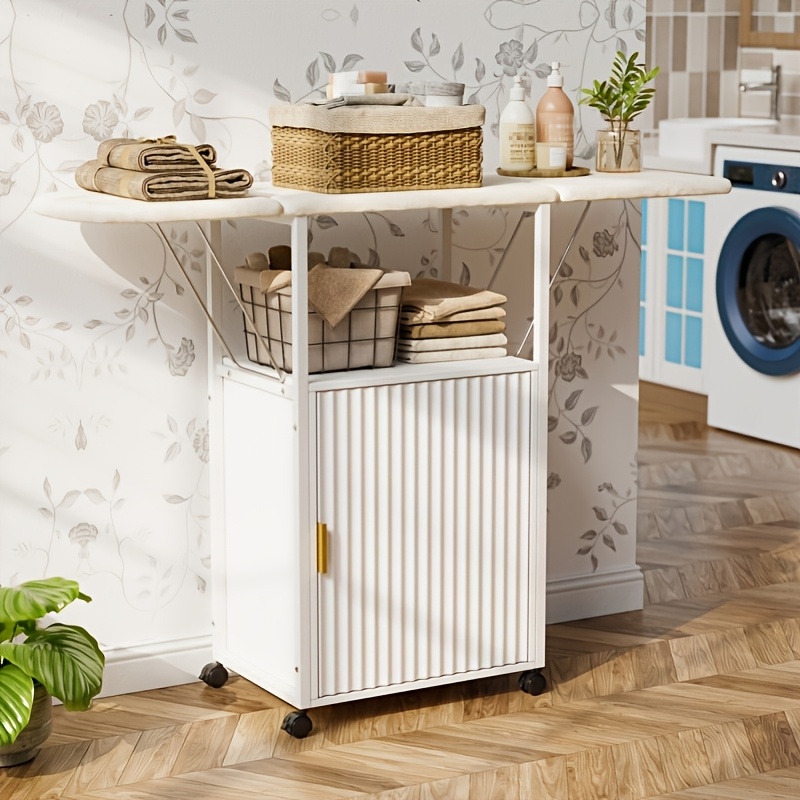 Solid Wood Folding Table & Storage Cabinet With Locking Wheels - Expandable Space- 2-in-1, Heavy-duty Foldable Ironing Board Suitable For Small Apartments, Laundry Room, White ()