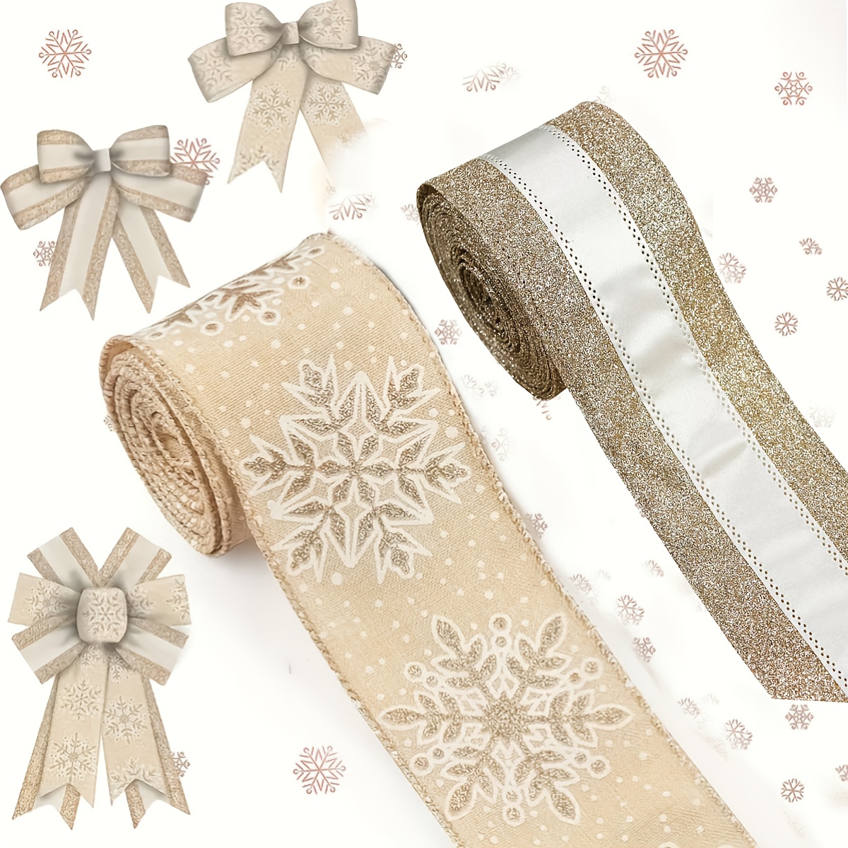 TEMU 2 Rolls Christmas Ribbon Handmade, Christmas Wired Edge Ribbon Glitter Golden Hobby Ribbon Bow Winter Snowflake Wired Ribbon For Gift Packaging