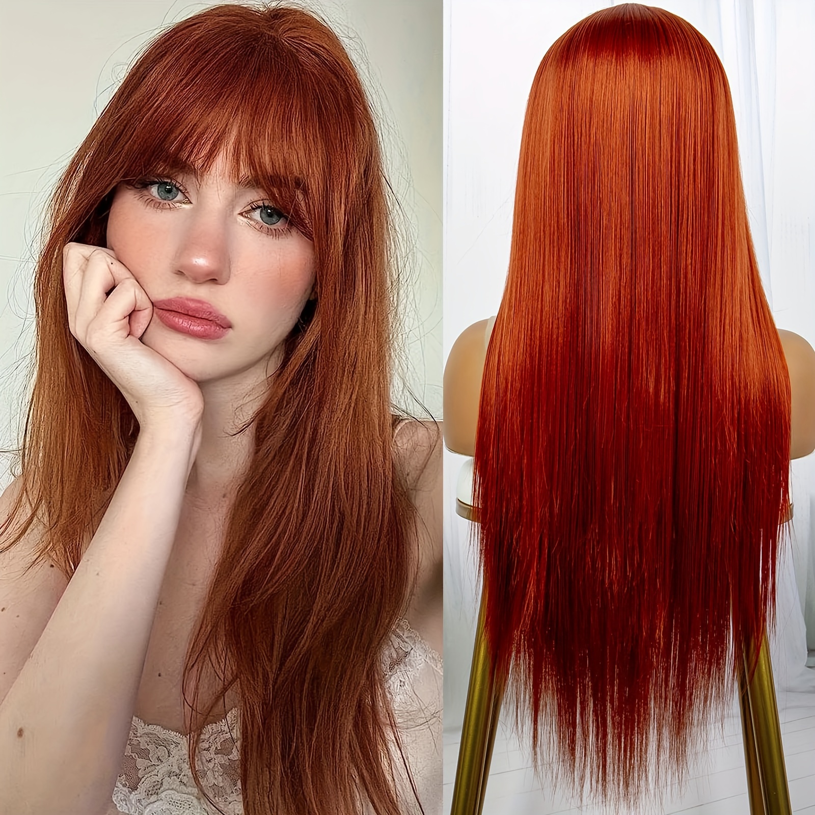 Wigs Long Straight Wig Bangs Ginger Wig Heat Resistant Temu