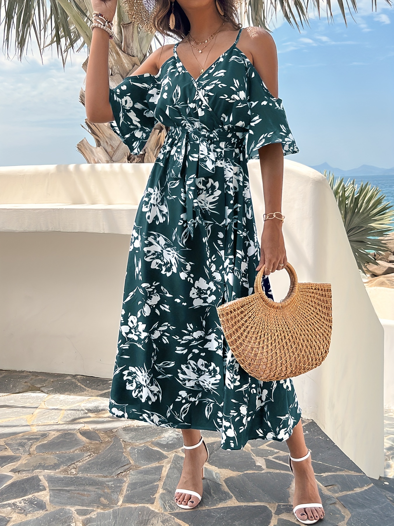floral print spaghetti strap dress short - Temu
