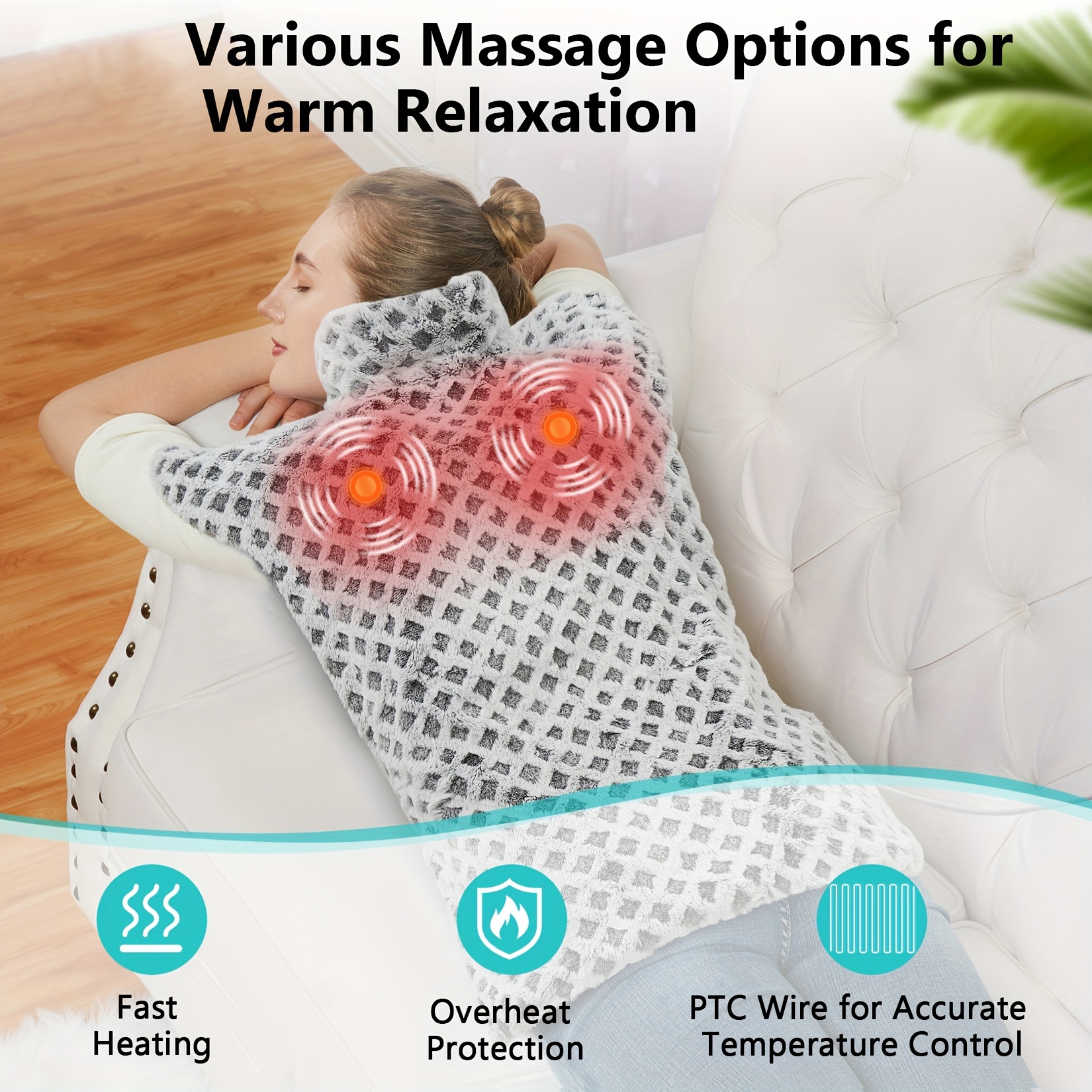 large heating pad with massager 24 x 35 electric heating pad for neck back shoulders with 3 heat levels 3 massage settings 2 hour auto shut off Product details 2