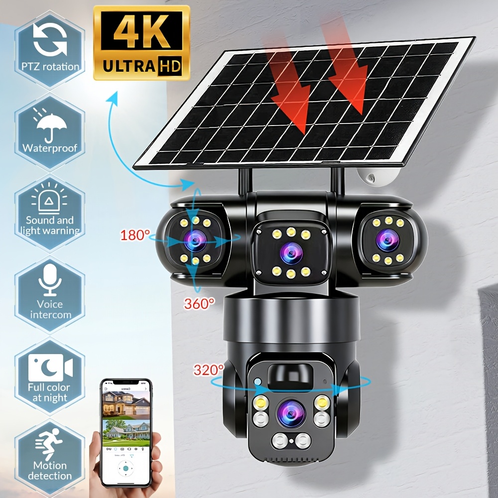 TEMU 4k Solar-powered Outdoor Security Camera | 2.4g Wifi, Ptz, [10x Zoom] 360-degree Low-power Cctv Solar Panel Battery Wifi Camera With Color Night