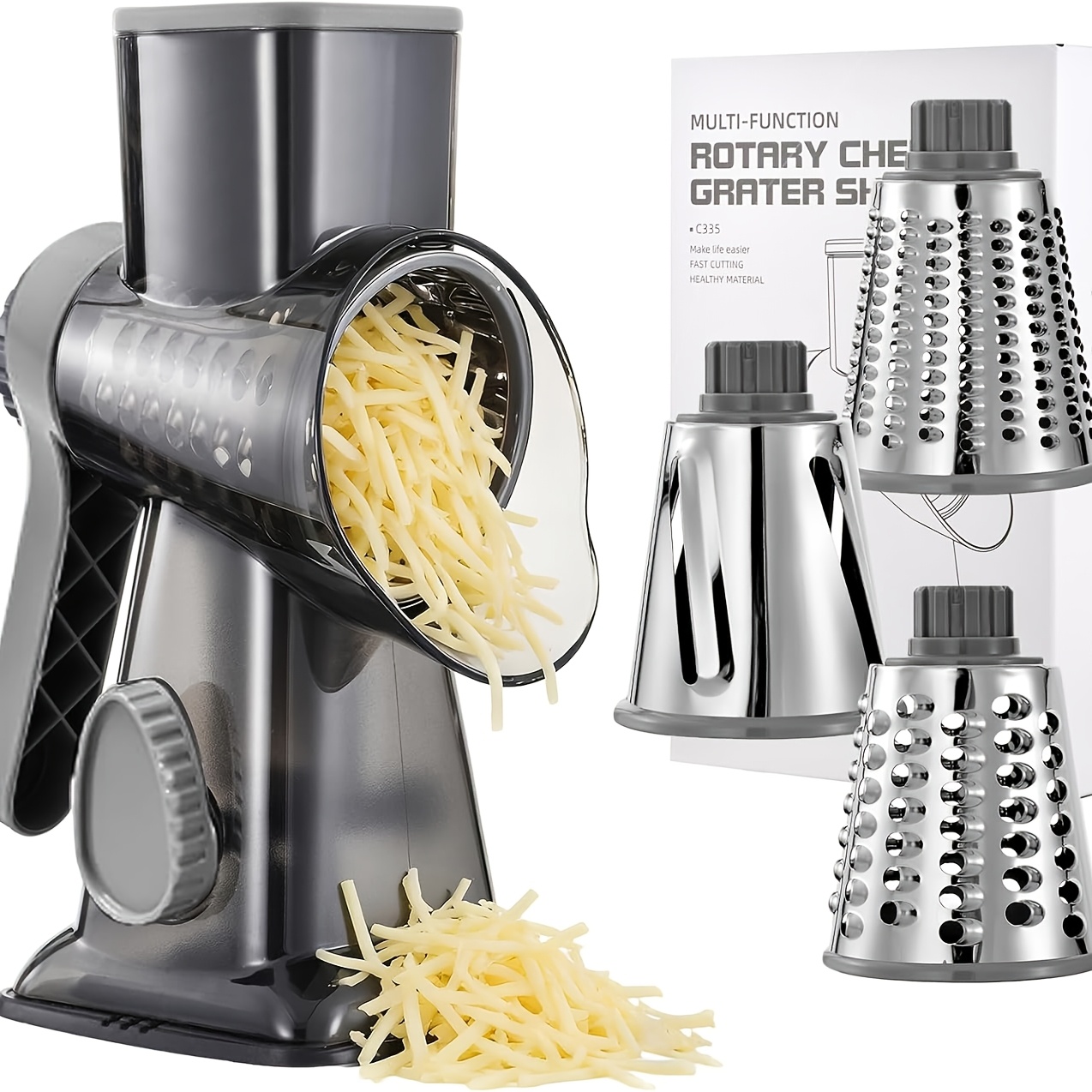 TEMU Handle Rotary Cheese Grater Vegetable Slicer Cheese Kitchen Slicer 3 Replaceable Cheese Chopper Potato Zucchini Nut Chocolate