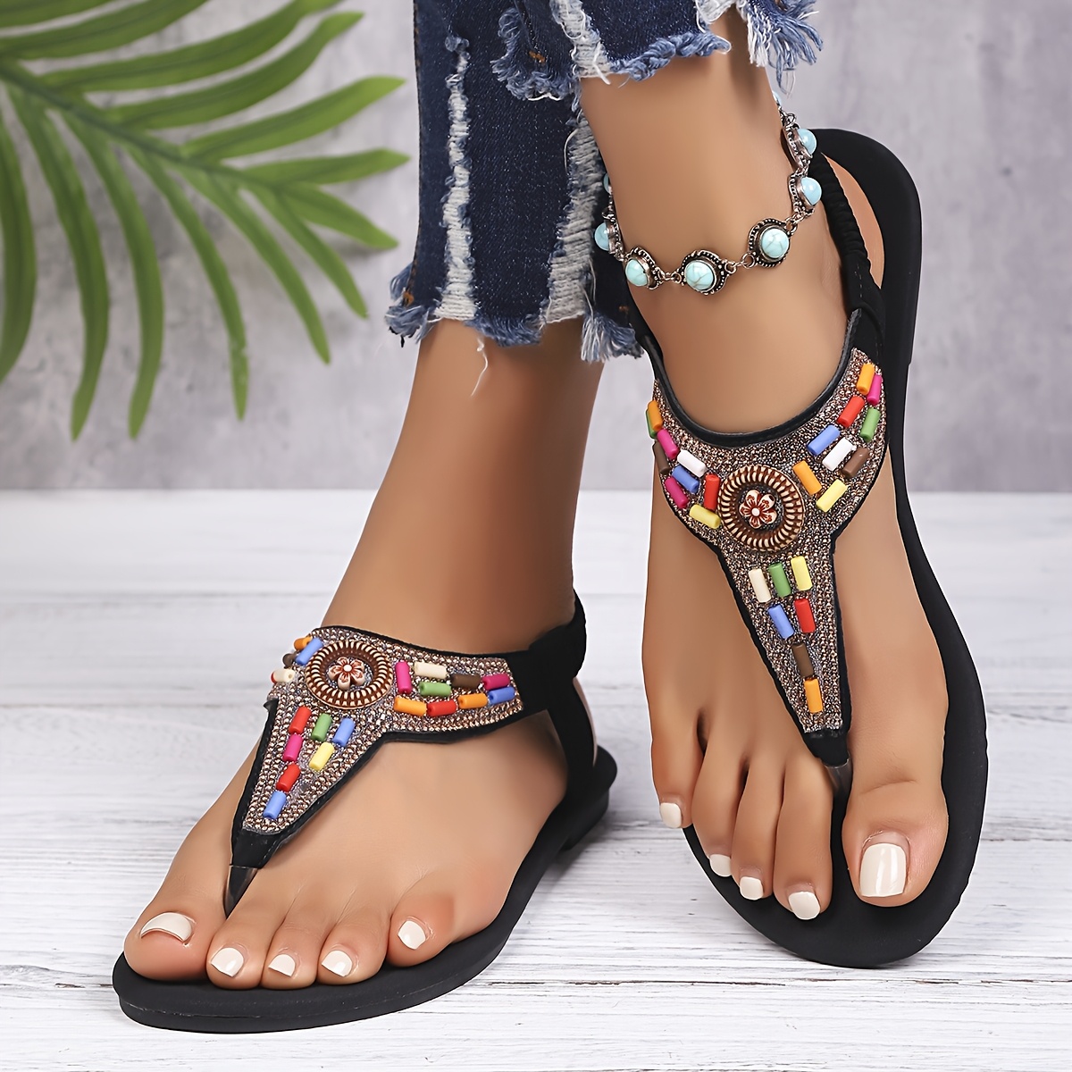 Women'S Ethnic Style Bohemian Floral Beaded Flip-Flops - Large Size Synthetic Fiber Anti-Abrasion Beach Shoes, Featuring Durable Oxford Soles, Comfortable Flat Heel Easy-To-Wear Design, Perfect for Casual Summer Beach Gear