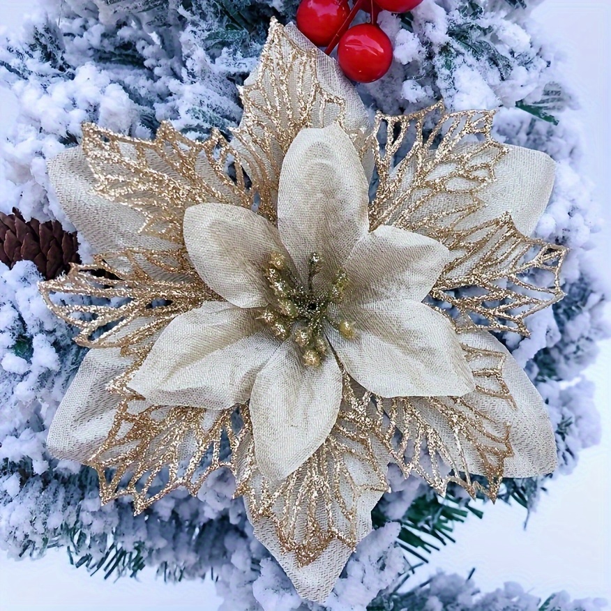 

15cm -layer Christmas Flower Middle Net Hollow With Gold Powder 10pcs Christmas Tree Garland Vine Decorations Christmas Simulation Flowers