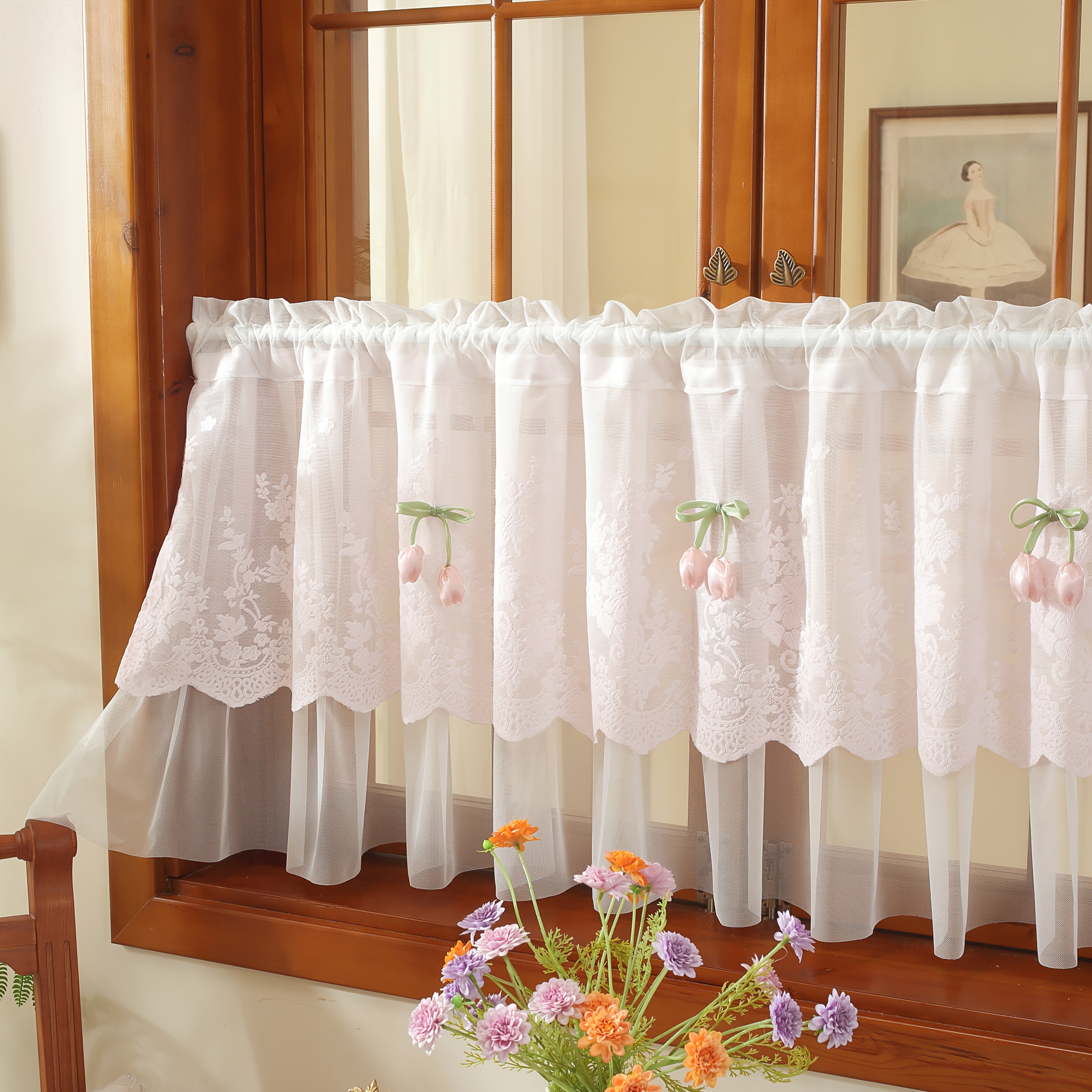 TEMU 1panel Fresh Tulip Jacquard Lace Sheer Short Curtain, Double Layer , Rod Pocket, Bedroom, Kitchen, Bay Window Decor Curtains, Open Storage