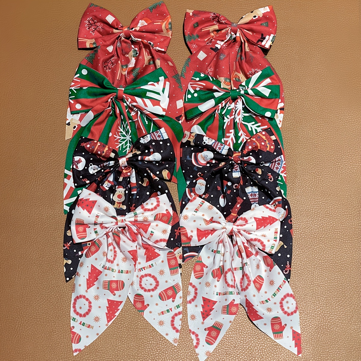 TEMU 8pcs Christmas Long-tail Bow Hair Clips Set, Santa Elk Snowman X-mas Tree Print Fabric Bow Barrettes, Festive Holiday Party Photo Hair Additions