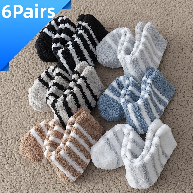 TEMU 3/6-pair Men's Comfortable Solid Color Warm Soft Striped Black Socks, Cozy Fluffy Ankle Socks