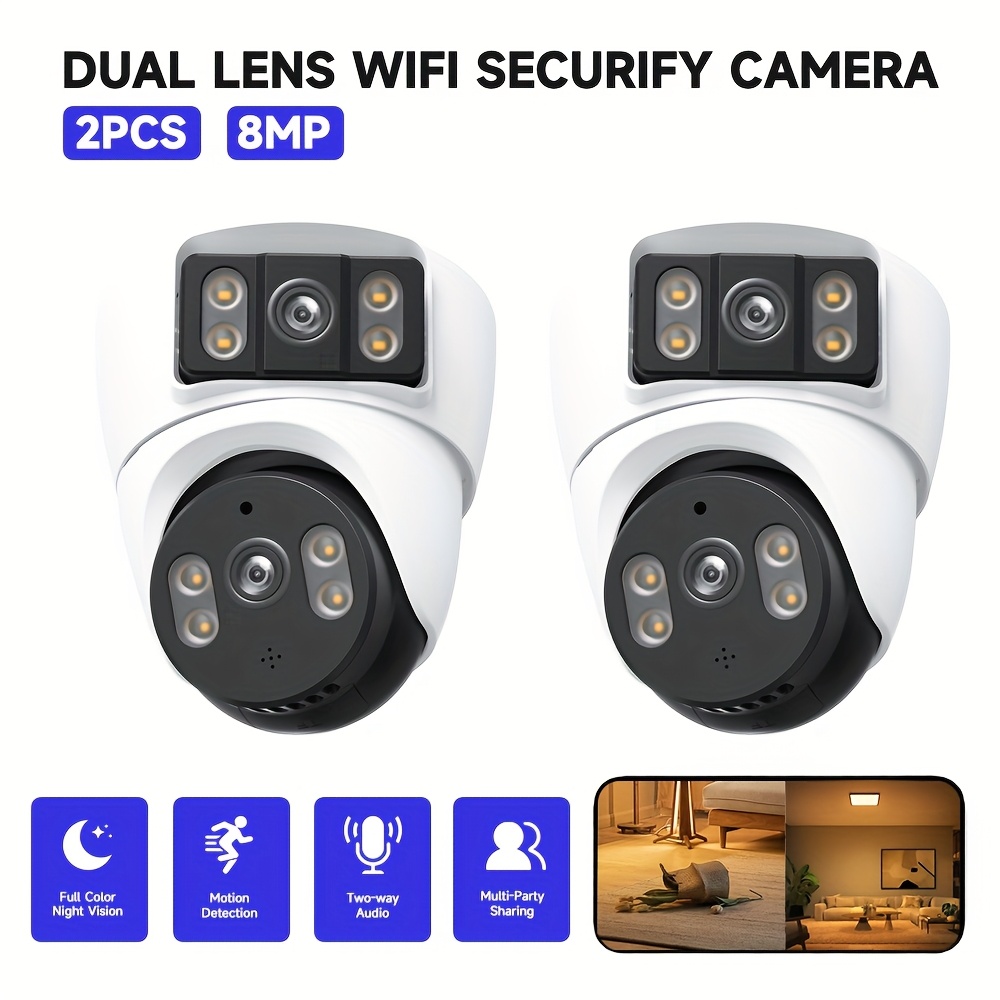 2pcs Dual Lens Dome Wifi Camera, 1 Unit Two, Store Shop Monitoring Must Have, 8mp Hd Video Surveillance, Night Vision, Ptz Auto Tracking Motion Detection, 2 Way Audio, App Control