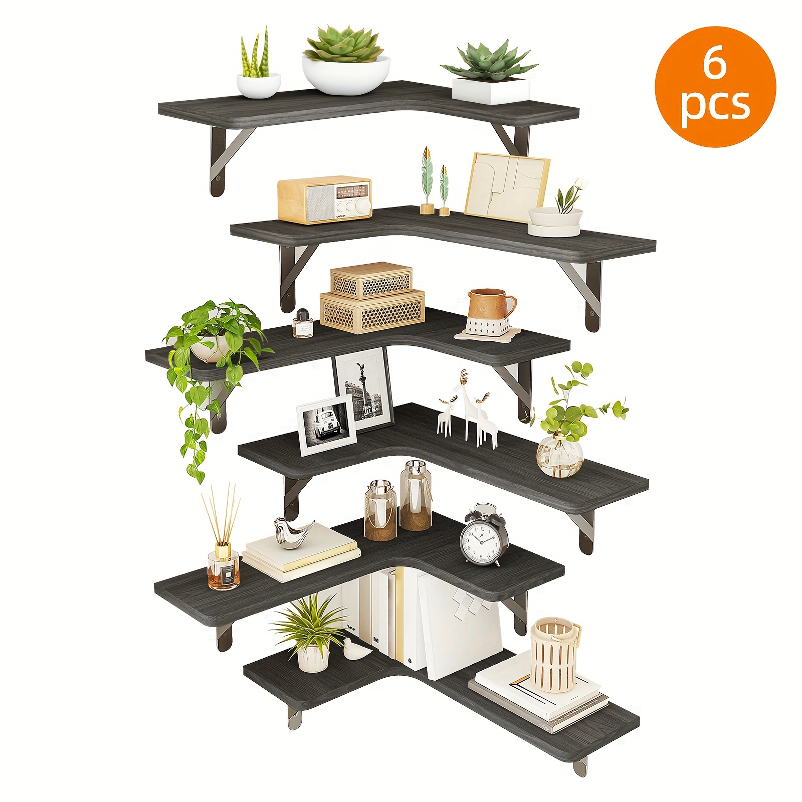 TEMU Whonline 6pcs Corner Floating Shelves, Wall Mounted Corner Shelves, Home Decor, Rustic Style Wall Shelves For Bathroom, Kitchen, Bedroom Or