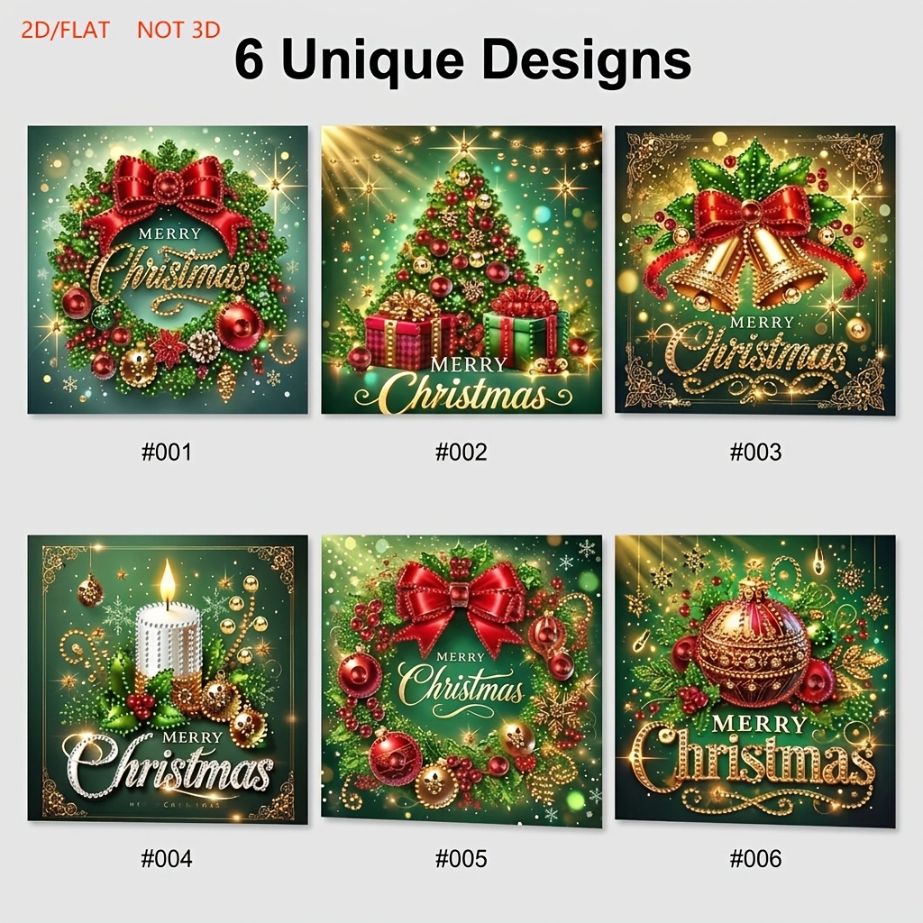 TEMU 6 Sets, 2d Flat Cloud Diamond Painting Christmas Card Set, Special Shaped Crystal Rhinestone Cards, Christmas Wreath Bell Candle Ornaments