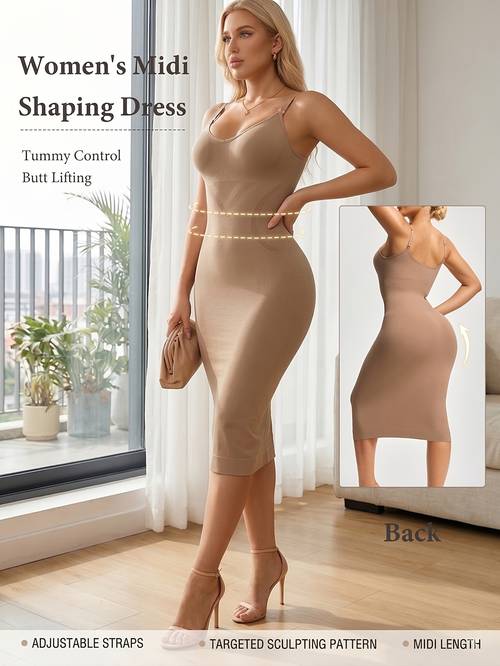 item picture seamless tummy control shapewear dress for women adjustable straps lifting bodycon midi slip dress with special abdominal texture design high stretch breathable dress without tightness for daily dates and parties