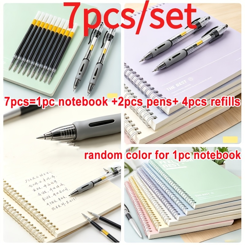 7pcs/set Includes 1 A5 Spiral-bound Hardcover Notebook(random Color), 2 0.5mm Black Ballpoint Pens, And 4 Refill Cartridges. Featuring Smooth-writing Pens With A Notebook Designed With Tear-off Pages