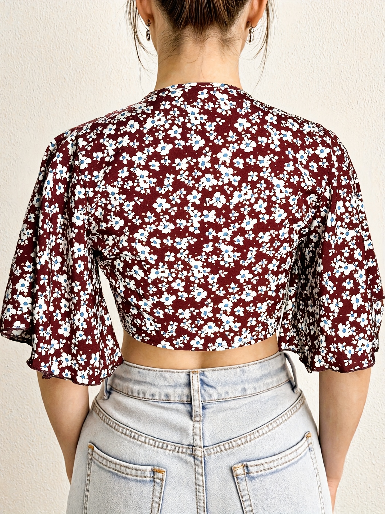 floral print flowy sleeve tie front crop top temu - Temu