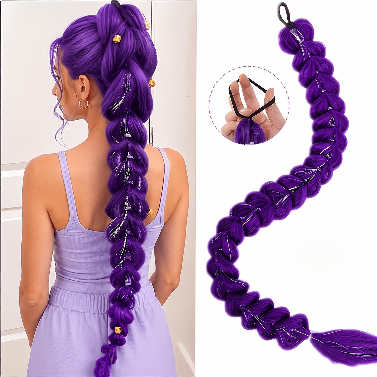 TEMU No Braiding Required! Kpop-purple Braided Ponytail Extension Hairband With Sequins, 18 Inches, High-temperature Resistant Fiber, Clip-, Soft And