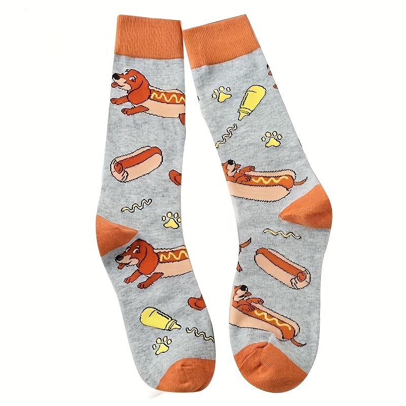 

1 Pair Of Cartoon Hot Dog & Mustard Mid-calf Socks - Soft, Stretchy Polyester Blend With Contrasting Heel & Toe, Casual Attire