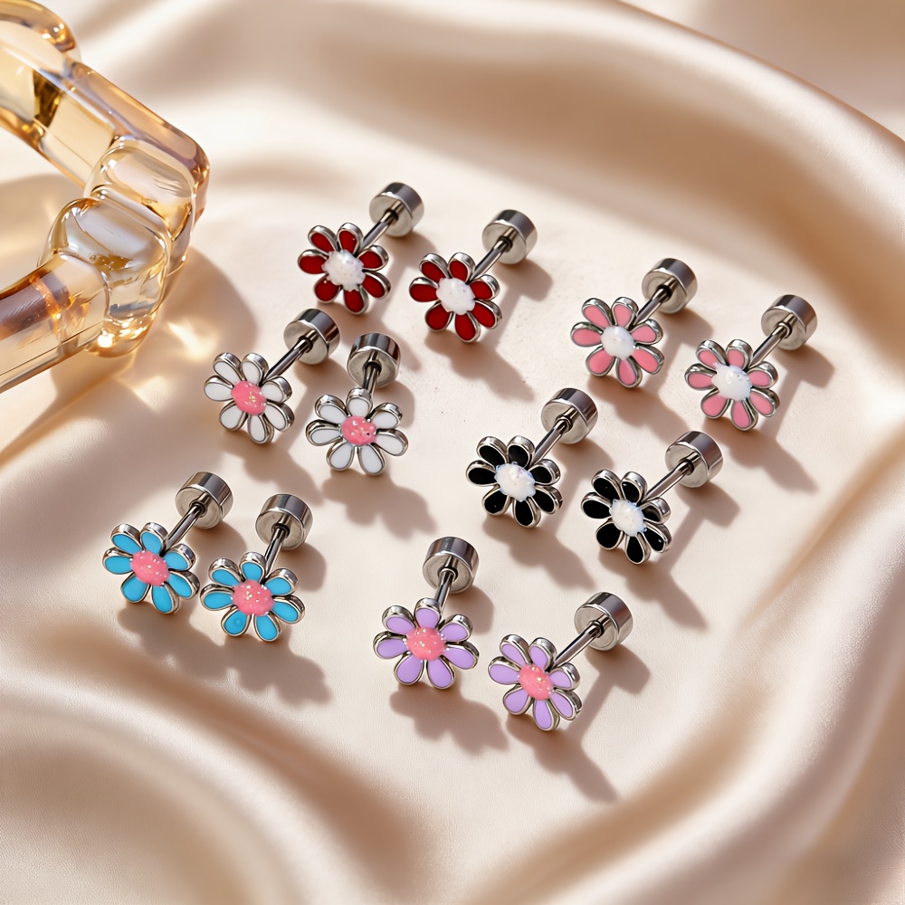 TEMU 6 Pairs/set Sweet Delicate Petite Cute Versatile Floral Pattern Stainless Steel Stud Earrings For Women, Suitable For Daily , Travel, Vacation,