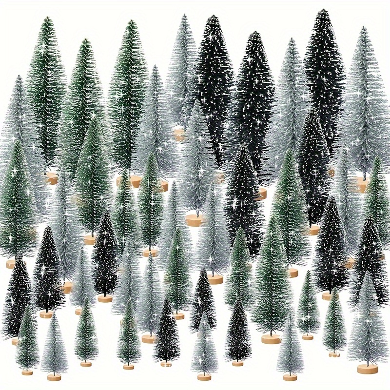 

15pcs Mini Christmas Trees Set, Artificial Tabletop Pine Trees, Bottle Brush Style, Wood Base, Non-electric, Snow- Holiday Decor For Party