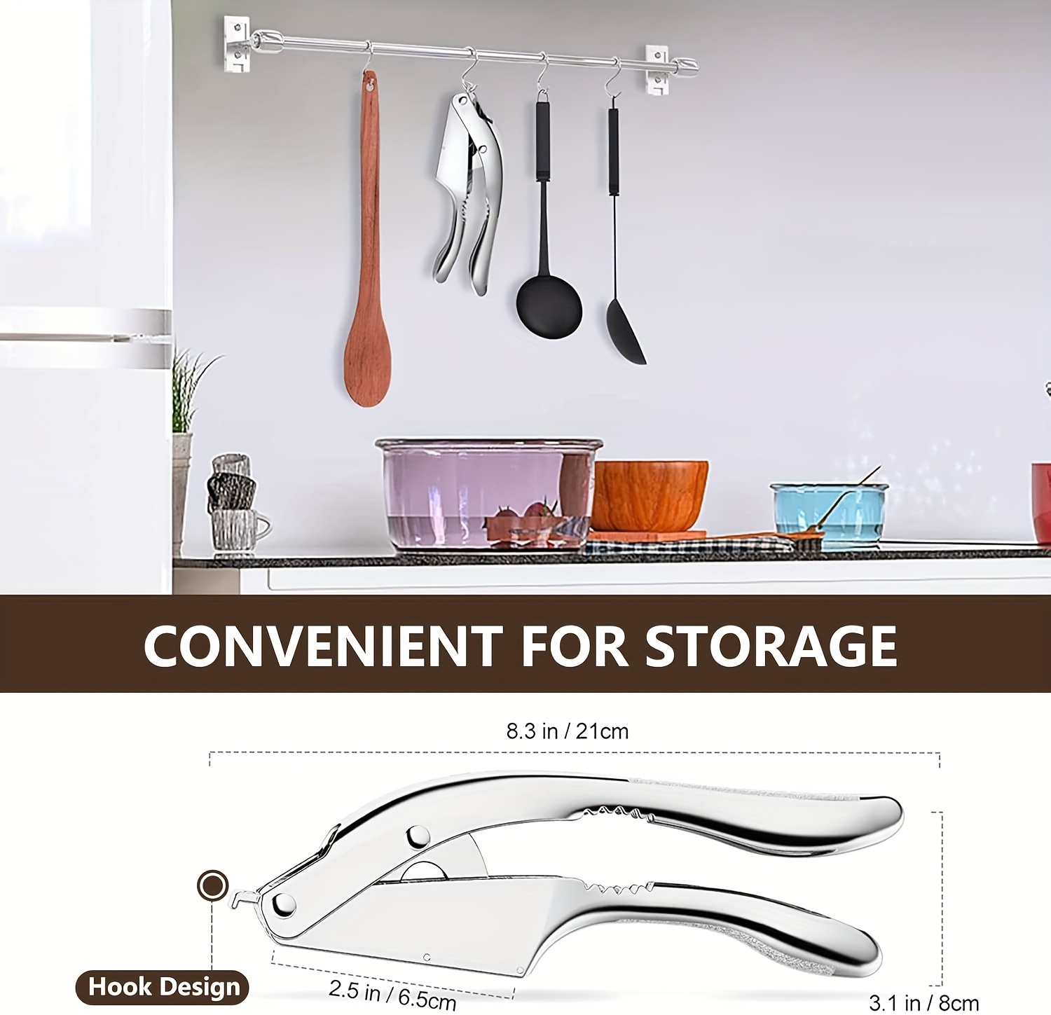 Multifunctional stainless steel garlic press, easy to crush, slice and mince garlic, can open walnuts, this multifunctional kitchen tool - perfect for home cooks and professional cooks