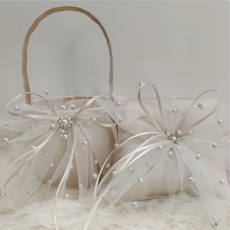 

Elegant Pearl-embellished Wedding Flower Girl Basket & Ring Pillow Set - Celebrations
