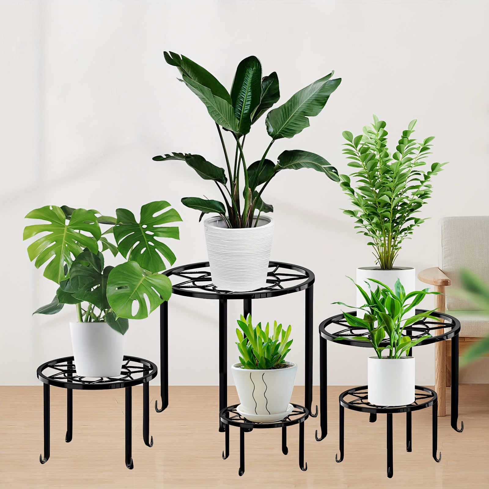 

5 Pack Metal Plant Stand For Outdoor Indoor Plants, Heavy Duty Flower Pot Stands For Multiple Plant, Rustproof Iron Round Shelf For Planter, Potted Plant Holder For Garden Home