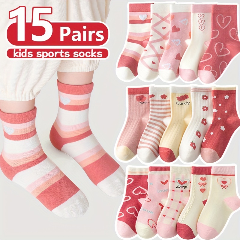 

15 Pairs Girls Knee-high Cartoon Socks - Soft Knit Fabric, Polyester & Spandex , Heart & Flower Patterns, Hand Washable - Fall/winter Sports Socks For Kids, Age 12 & Under