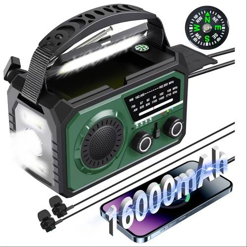 16000mah portable emergency radio with led flashlight sos siren and power bank am fm weather alerts type c charging hand crank 3 led lights compass headphone jack ideal for camping halloween christmas gifts battery operated radio for emergencies