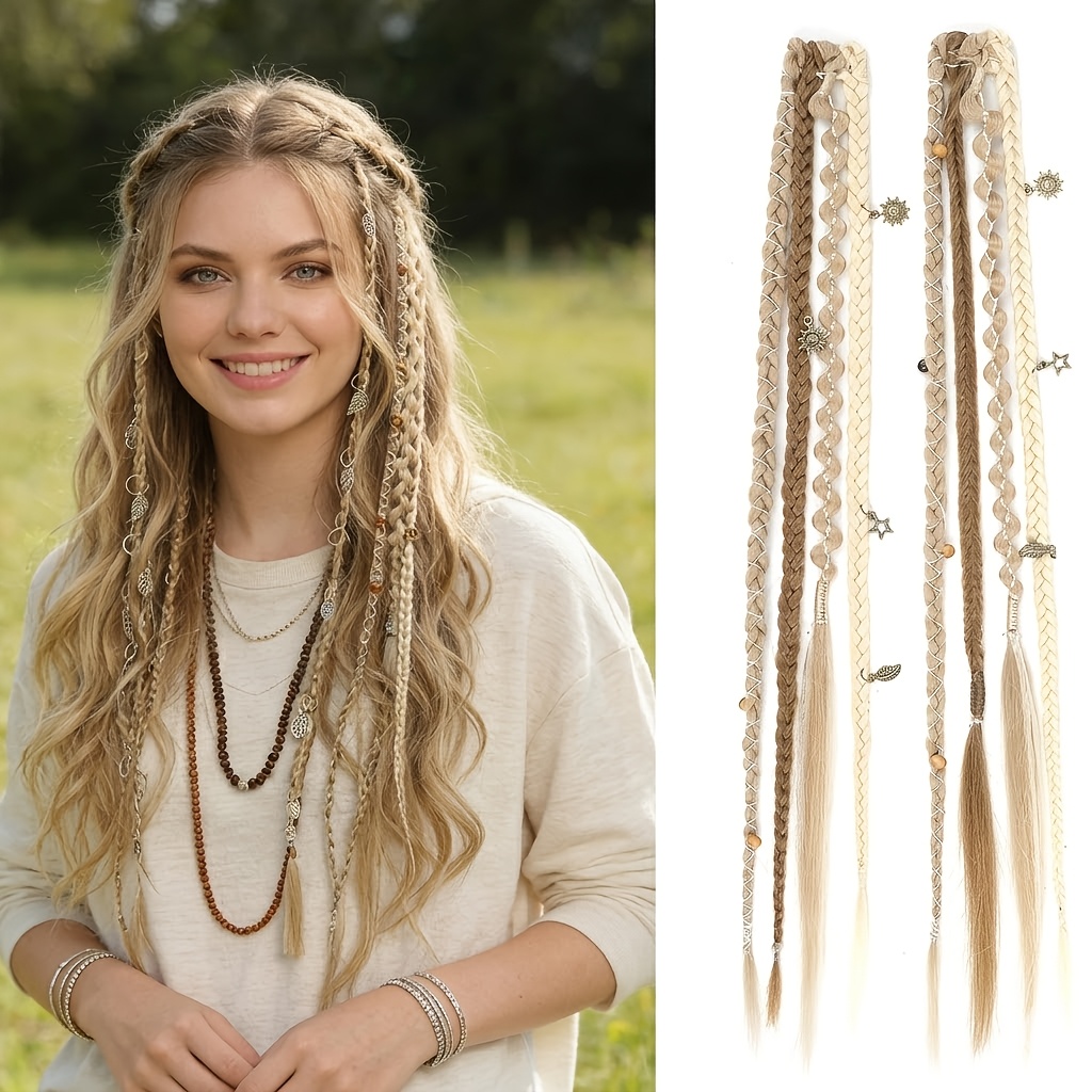 Image of 20-inch Bohemian Dreadlock Clip-in Braids With Beads And Charms, 2pcs Of Handmade Synthetic Braided Hair Extensions For Everyday Styling And Cosplay