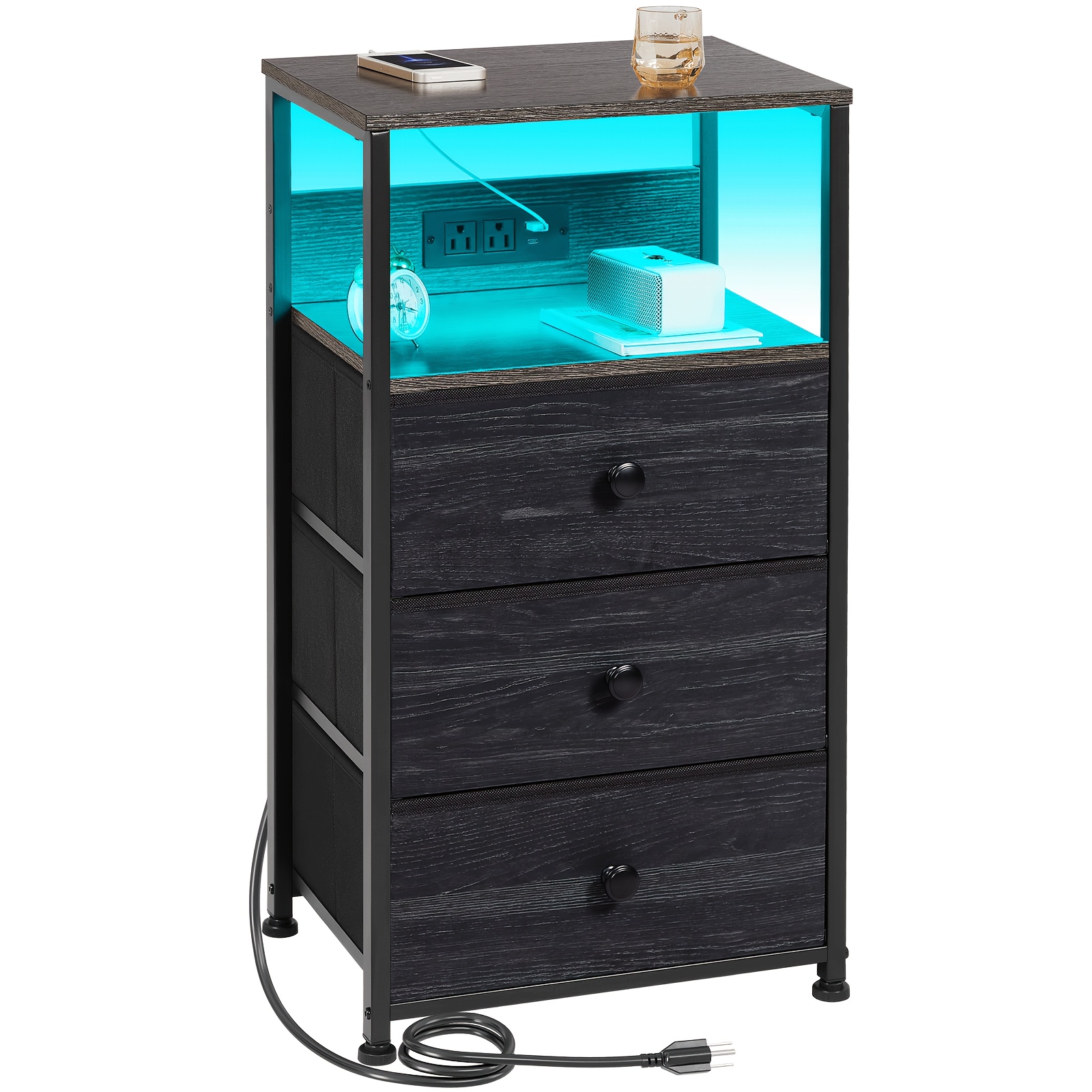 TEMU TZWAKED Table de chevet avec station de charge, table de chevet avec bande lumineuse LED, table d'appoint à 3 tiroirs en tissu pour chambre à