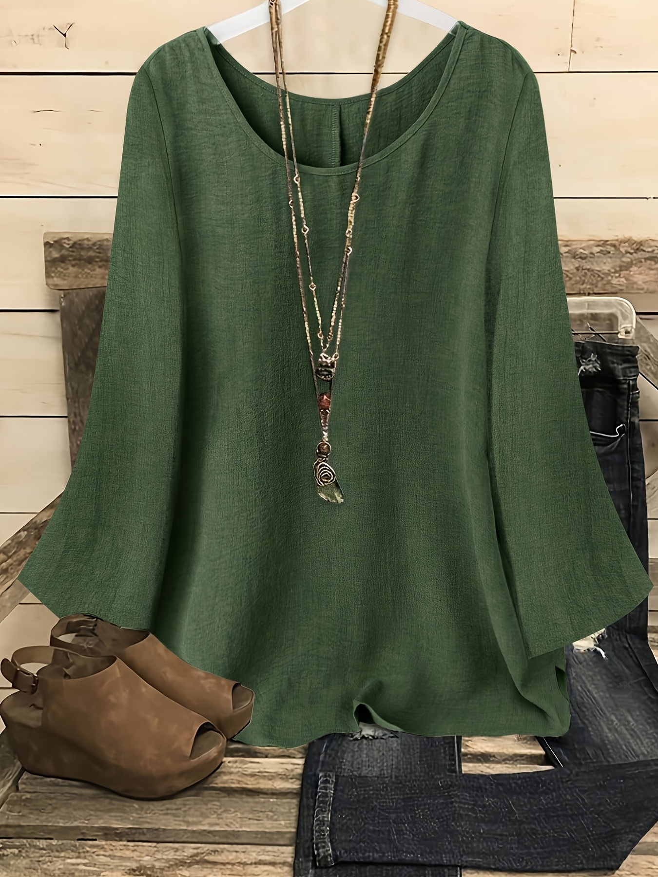 womens casual western style solid round neck long sleeve flared sleeve shirt