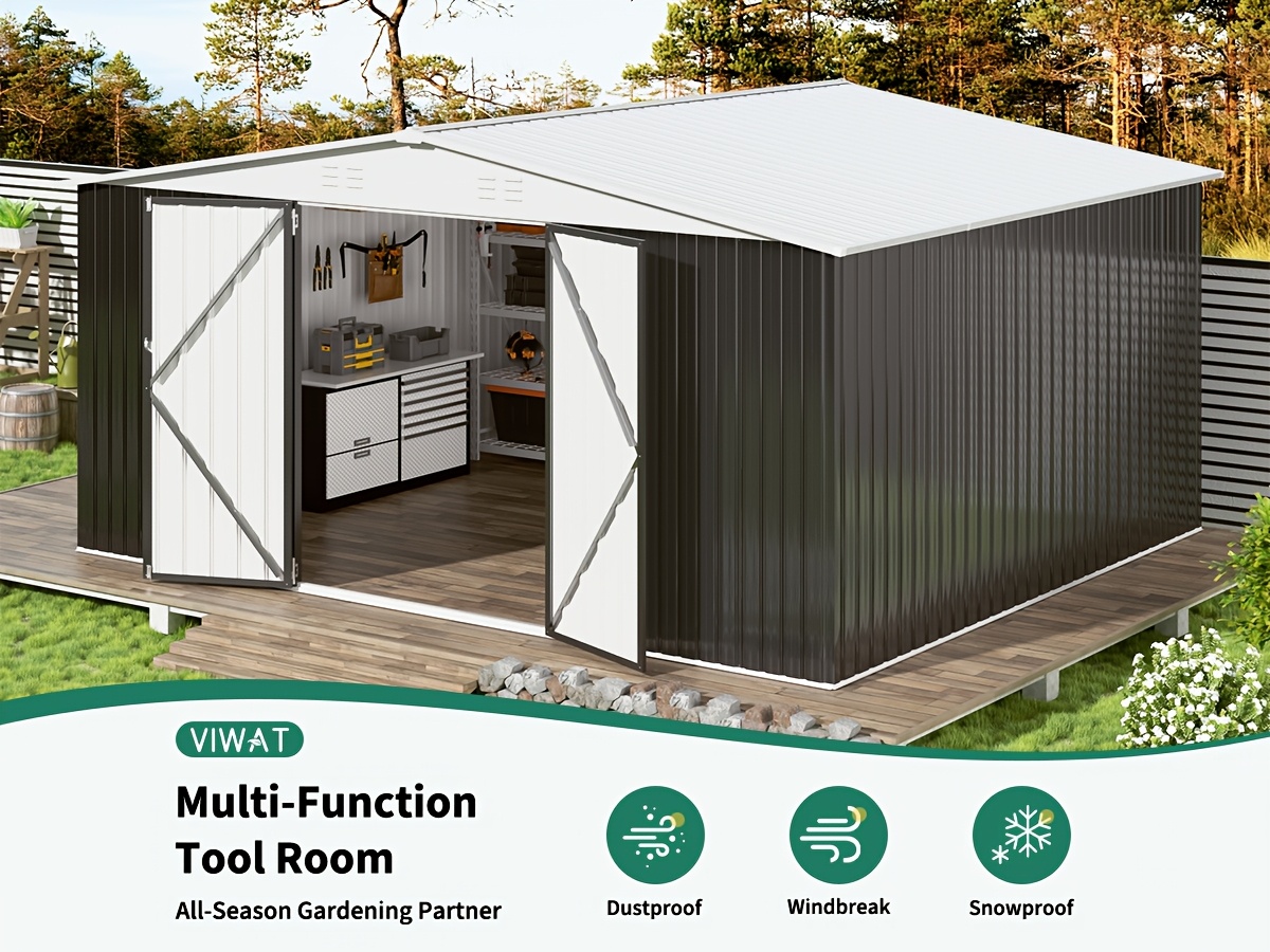 [12x14 FT Metal Shed] Super Spacious 12x14 FT Metal Storage Shed | Durable Frame, Lockable Door, White Roof | For Garden, Backyard, Patio, Tool Storage, Gifts For Boyfriend Or Husband