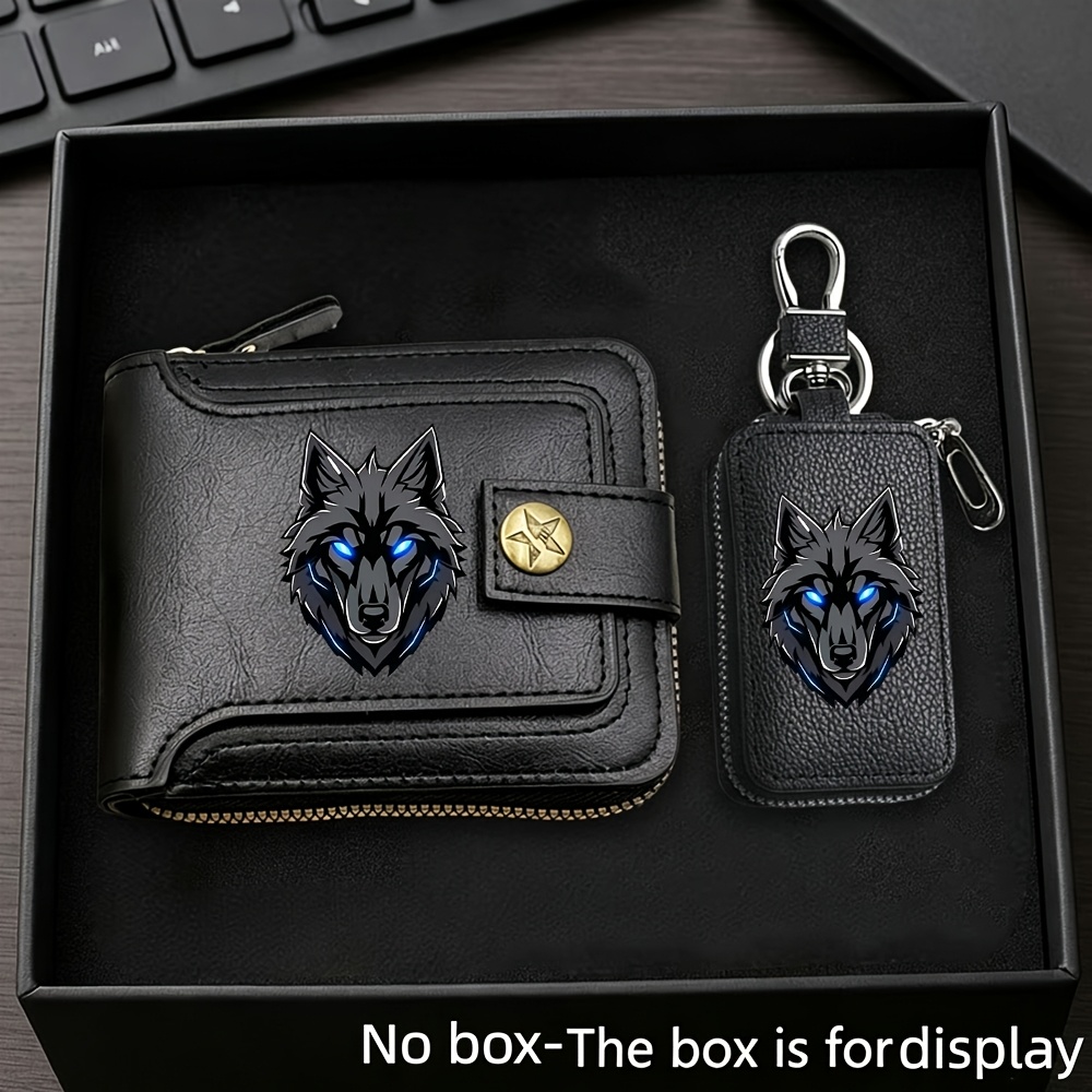TEMU 2pcs Set: Large-capacity Stylish "wolf" Print Zipper Wallet + Key Pouch, , With Multiple Card Slots And Zipper Closure, Suitable For Storing