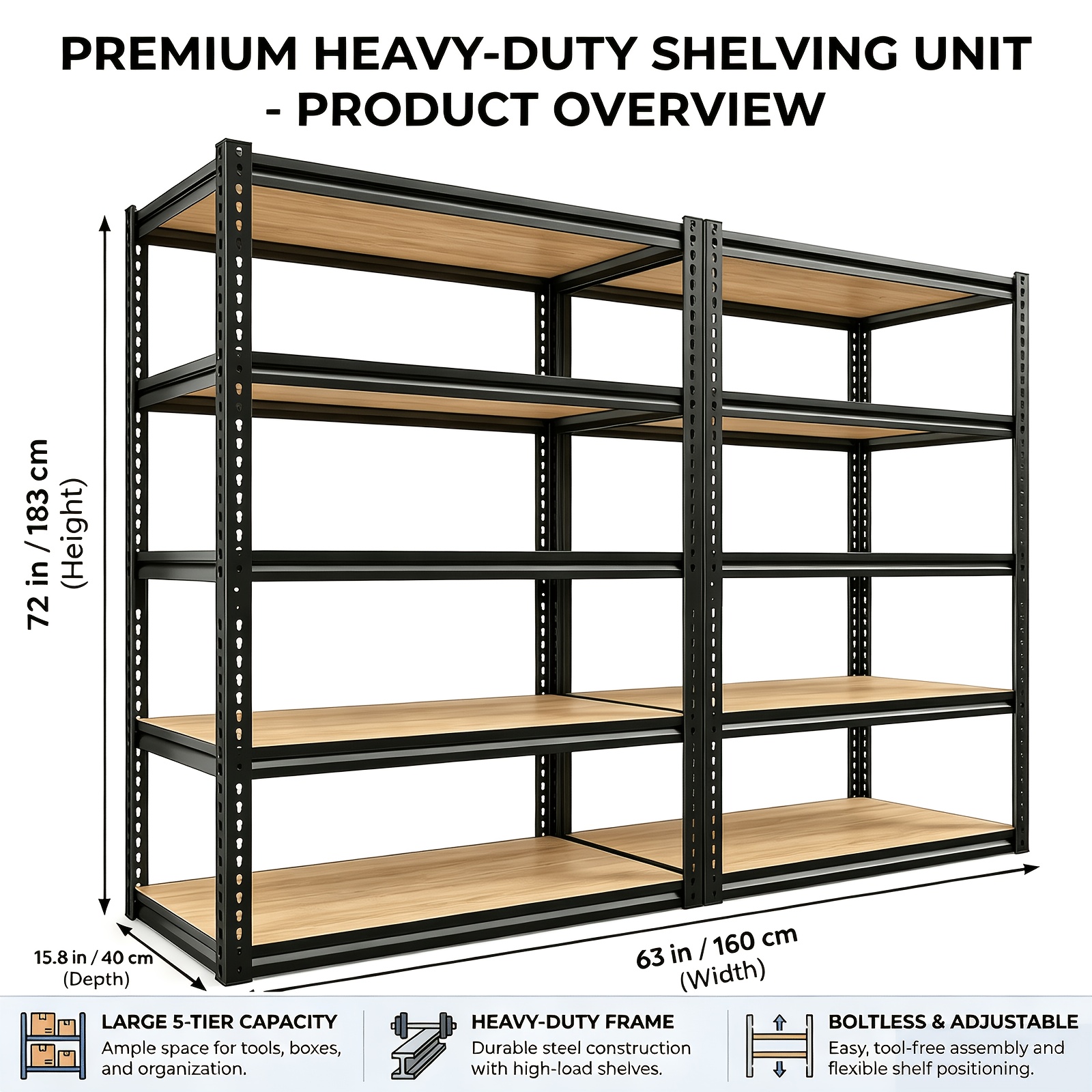 TEMU 2000 Capacity Heavy Duty 5-tier Industrial Shelving Unit, Adjustable Height (72"/60") 1&2pcs Freestanding Metal Storage Rack, Kitchen Tool