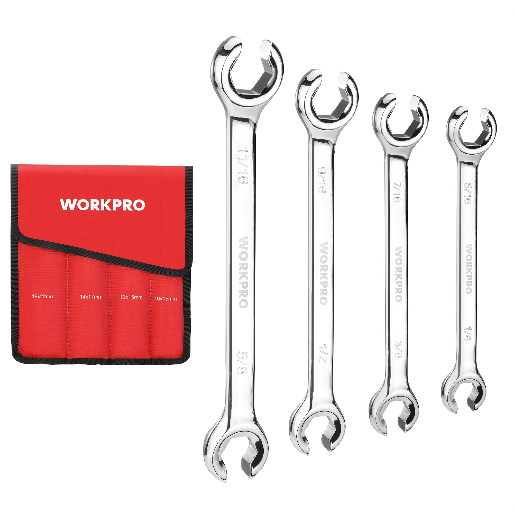 

Workpro 4-piece Flare Nut Wrench Set, Sae Brake Line Wrenches, 1/4", 5/16", 3/8", 7/16", 1/2", 9/16", 5/8", 11/16", Cr-v Steel, 15° Offset Head Tubing Wrench, Organizer Pouch Included