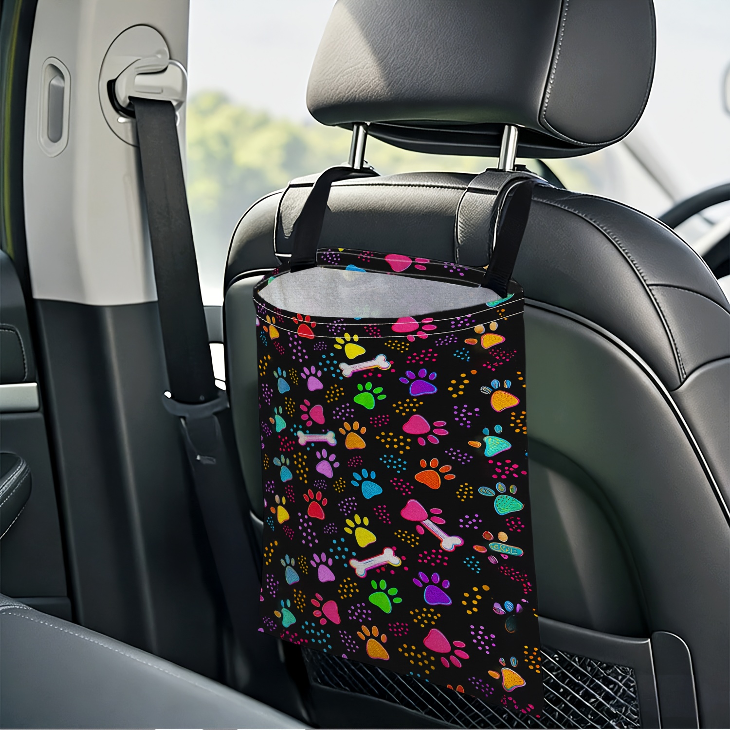 TEMU 1pc Car Hanging Storage Trash Bag With Colorful Paw Print And Bone Pattern Background Print Theme Car Hanging Trash Bag, Easy And Practical Car