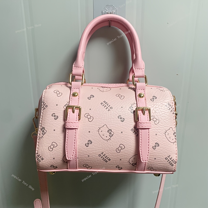 TEMU For Hello Kitty Pink Leather Handbag | Large Capacity Crossbody Satchel With Adjustable Strap | Classic Printed Bucket Bag With Zipper Closure
