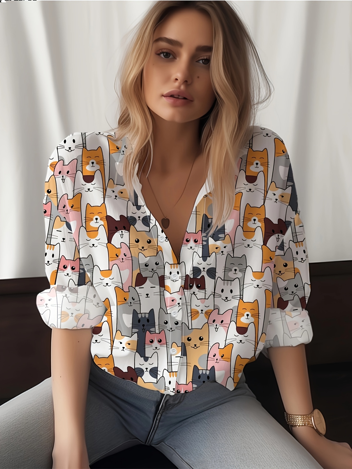 womens casual cat face geometric print button shirt short Temu