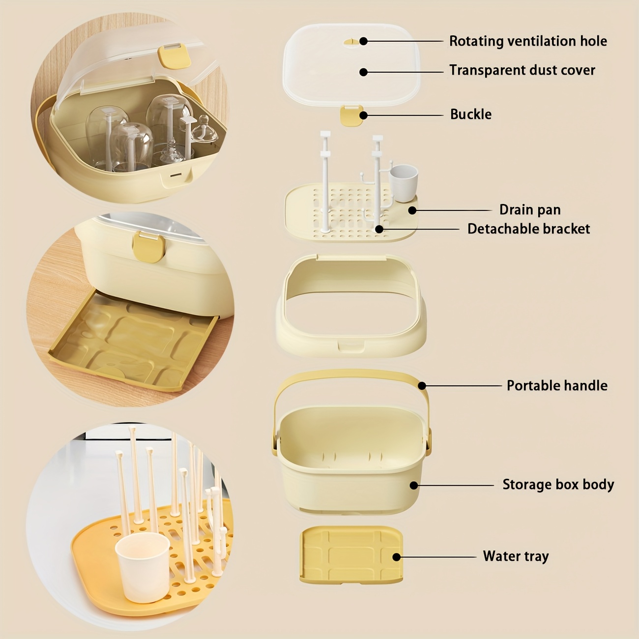Portable Bottle Holder Organizer - Large Capacity Storage Box with Anti-Dust Cover, Cutlery Storage & Drying Rack, Ergonomic Handle for Home Kitchen, Travel, Outdoors, Bottle Storage, Durable Plastic Material