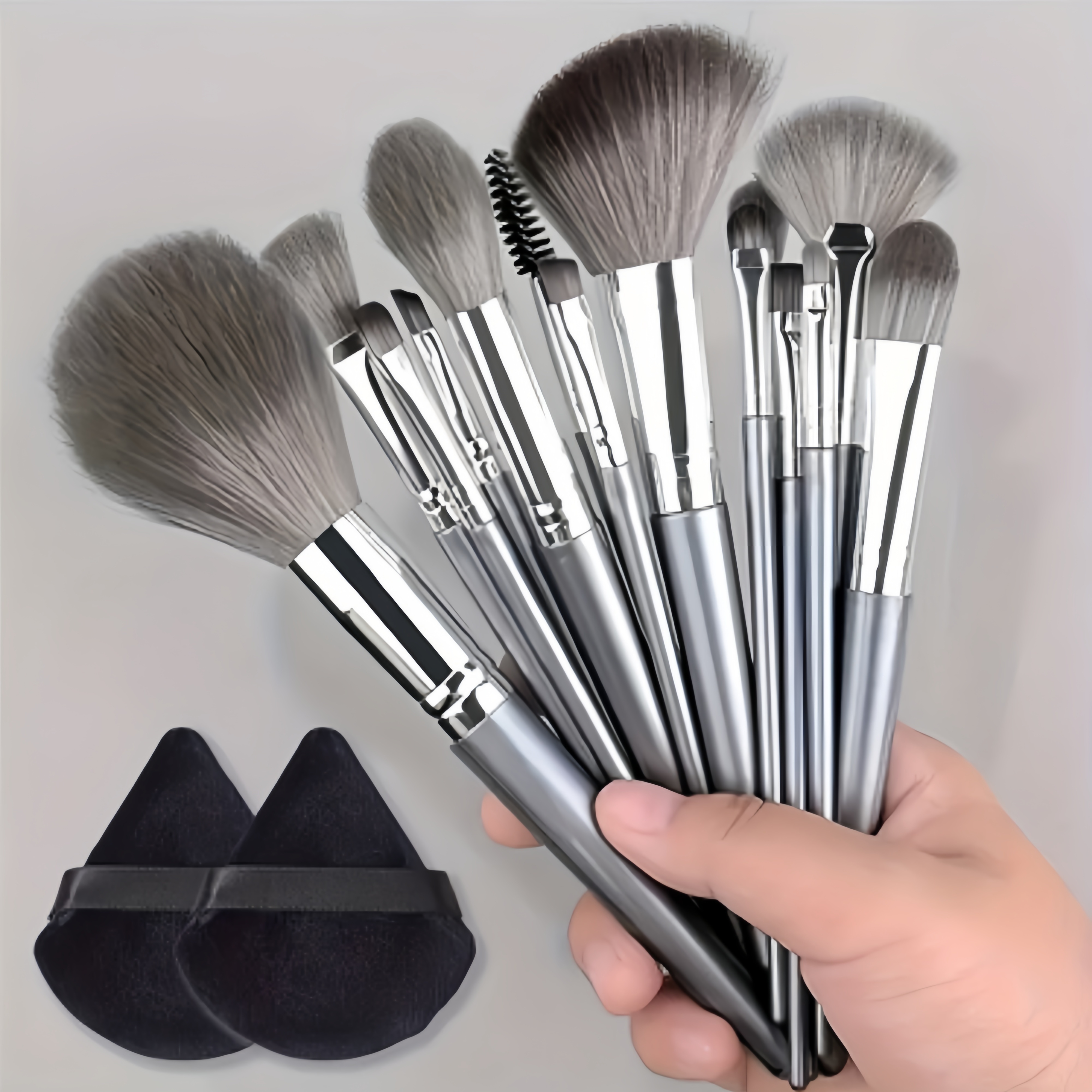 TEMU 14pcs Professional Makeup Set, Soft & Fluffy Synthetic Hair, Silvery/, Low Allergy, Nylon Bristles, Abs Plastic Handles, For Foundation, Eyeshadow, Eyebrow, Eyeliner Application