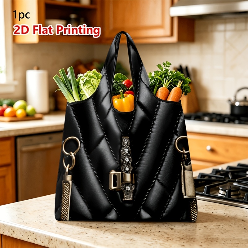 TEMU 1pc 2d Flat Unisex Large-capacity Shopping Tote Bag, Black V-quilted Diamond-studded 2d Flat Print Large-capacity Shopping Tote Unisex Daily