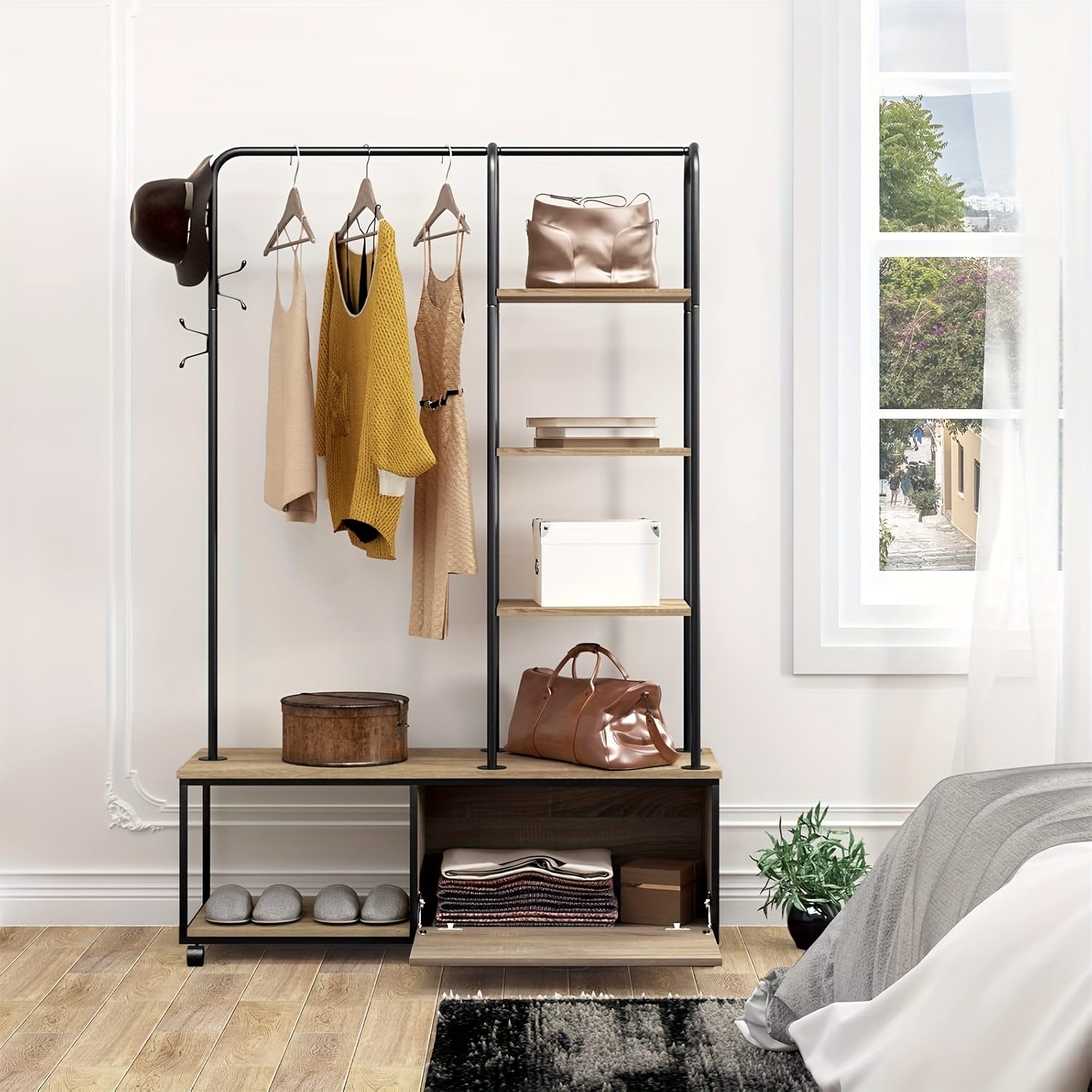 Image of 1pc Freestanding Coat Rack With 4 Castors, Integrated 1 Coat Rail, Wardrobe, 5 Shelves, 3 Hooks And Multifunctional Shelf, Mdf And Metal, Black Woodgrain Finish