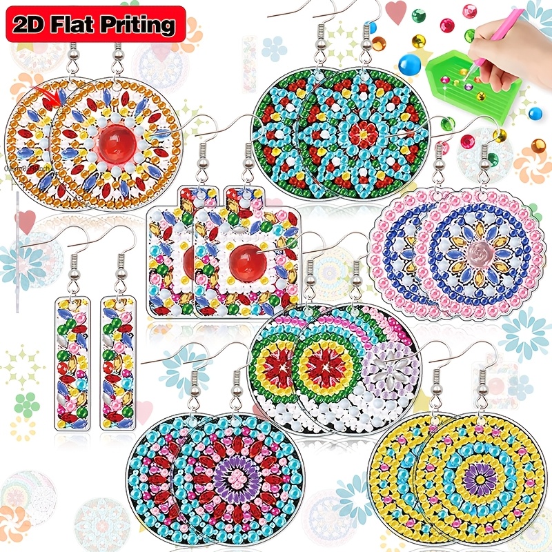 TEMU 16pcs, Geometric Pattern Diamond Painting Earrings, Abstract Theme 2d Flat Printing Ear Jewelry Set, Handmade Art Craft Kit, Ear Hooks Included,