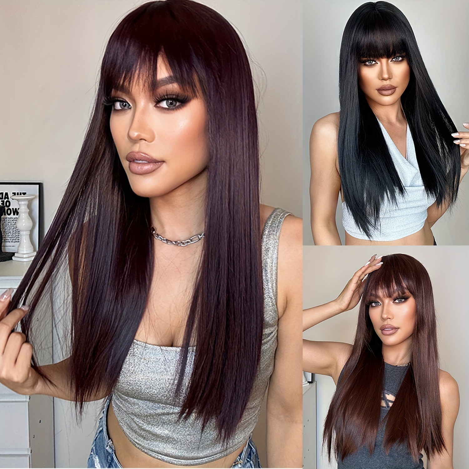 24 inch Straight Wig with Bangs Layered Synthetic Hair Heat Resistant Daily Wear Amazon.com : MapofBeauty 24 Inch/60 cm Long Straight Layered  main image 4